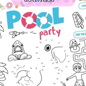 May include: A white placemat with coloring and activities, featuring a pool party theme. The placemat includes illustrations of a shark, people in a pool, and various games. It is available in three sizes: 11x17 inches, 8.5x11 inches, and A4.