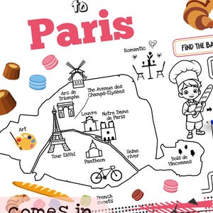 Könnte beinhalten: Ein weißes Platzset mit Ausmalaktivitäten und dem Text "Travel to Paris". Das Platzset enthält Illustrationen von Pariser Sehenswürdigkeiten, ein Labyrinth und den Text "Finde 7 Unterschiede". Erhältlich in drei Größen: 11x17, 8,5x11 und A4.