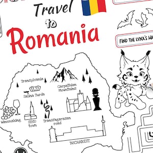 Puede incluir: Un mantel individual en blanco y negro con el texto "Travel to Romania" y varias actividades. El mantel individual incluye ilustraciones de castillos, un mapa y un lince. Disponible en tres tamaños: 11x17 pulgadas, 8,5x11 pulgadas y A4.