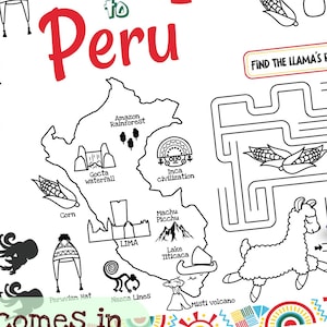 May include: A white placemat with coloring and activities themed around Peru. The placemat includes a map, a maze, and various puzzles. The text on the placemat reads "Travel to Peru" and "Comes in three sizes: 11x17, 8.5x11, A4."