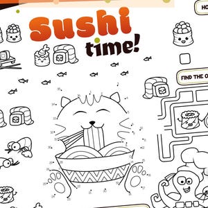 Sushi Time Kids Menu Activity | Japanese Restaurant Party Placemat | Kawaii Cat Ramen Coloring Page | Sushi Bar Maze & Dot to Dot | DIY Menu