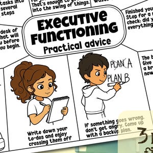May include: Black and white illustrated guide with the title "EXECUTIVE FUNCTIONING Practical advice." The guide includes tips like "Eat the Frog" and "Break large tasks into several steps." The image is available in three sizes: 11x17, 8.5x11, and A4.