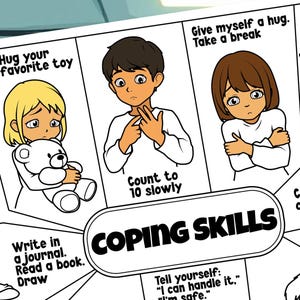 Op de afbeelding: Zwart-wit illustratie van coping vaardigheden voor kinderen. De afbeelding bevat tekst als "Adem 3 keer diep in", "Tel langzaam tot 10" en "Praat met iemand". Verkrijgbaar in drie formaten: 11x17 inch, 8,5x11 inch en A4.