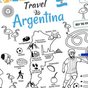 Placemat Travel to Argentina. Printable Coloring Page for Kids. Travel Activity Sheet. Kids Menu for Restaurant. Educational materials