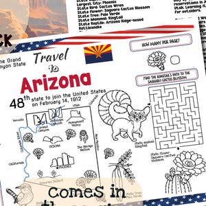 Bundel met werkbladen over de staat Arizona, activiteitenpagina's voor maatschappijleer, geschiedenis van Arizona, aardrijkskunde werkbladen, activiteitenblad voor de basisschool.