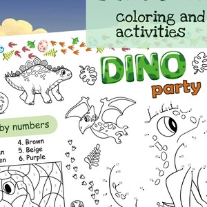 Dinosaur Activity Sheet for Kids | Dino Birthday Party Placemat | Prehistoric Maze and Coloring Page | Color by Number & Connect the Dots