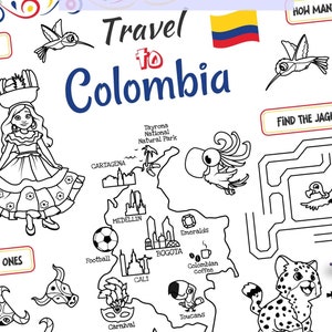 Placemat Travel to Colombia. Printable Coloring Page for Kids. Travel Activity Sheet. Kids Menu for Restaurant. Educational materials