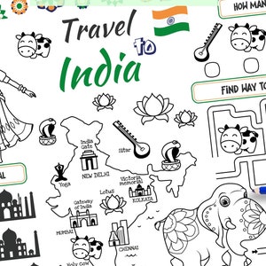 Travel to India Placemat. Printable Coloring Page for Kids. Travel Activity Sheet. Educational materials