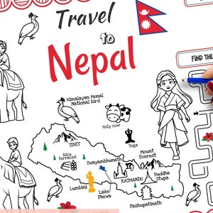 Página para colorear de un mantel individual de viaje a Nepal para niños (PDF)