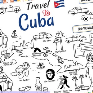 Placemat Travel to Cuba. Printable Coloring Page for Kids. Travel Activity Sheet. Educational materials