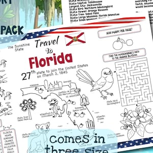 Bundel met werkbladen over de staat Florida, activiteitenpagina's voor maatschappijleer, printbare materialen over de Amerikaanse geografie, lesmateriaal voor de basisschool.