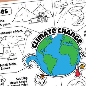 Hoja de actividades para niños sobre las causas y los efectos del cambio climático. Hoja de trabajo sobre el calentamiento global. Efecto invernadero. Página para colorear ecológica. Día de la Tierra.