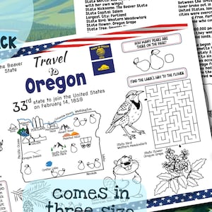 May include: A 2-in-1 history and games pack placemat for coloring and activities featuring facts about Oregon, including a word search, a maze, and illustrations of covered wagons, a meadowlark, and a beaver, available in 11x17, 8.5x11, and A4 sizes.