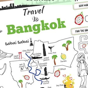 Placemat Travel to Bangkok. Printable Coloring Page for Kids. Travel Activity Sheet. Kids Menu for Restaurant. Educational materials