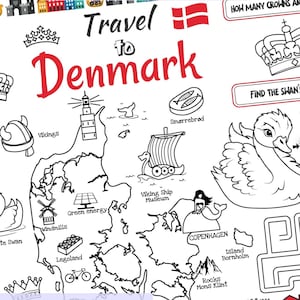 Werkblad Reizen naar Denemarken. Afdrukbare kleurplaat voor kinderen. Activiteitenblad voor reizen. Educatief materiaal
