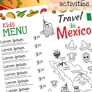 Mexikanische Menüvorlage für Kinder. Mexikanisches Restaurant mit Karte von Mexiko und Sehenswürdigkeiten. Arbeitsblatt für Kinder