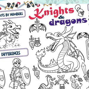 Knights and Dragons Activity Sheet. Medieval Party Placemat | Dragon Connect the Dots & Maze | Castle Coloring Page | No Prep Early Finisher