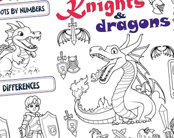Knights and Dragons Activity Sheet. Medieval Party Placemat | Dragon Connect the Dots & Maze | Castle Coloring Page | No Prep Early Finisher