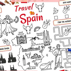 Discover Spain: Printable Placemat & Travel Activity Page. Kids Menu for Restaurants. Perfect for Explorers! Educational materials