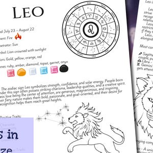 May include: Digital download of a Leo Grimoire Page, offering zodiac insights, illustrations, and relationship compatibility. Text includes: "Comes in 2 size 8.5x11 and A4 Two pdf files."