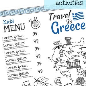 Kids Menu Template Printable for Greek Restaurant. Travel to Greece Activity Placemat. Greek Mythology Maze & Coloring. Geography Worksheet