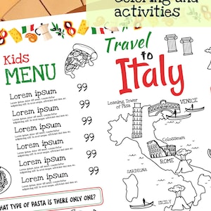 Modelo de cardápio italiano para crianças. Cardápio de restaurante italiano com mapa da Itália e atrações. Folha de atividades para crianças.