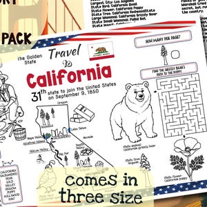 Bundel met werkbladen over de staat Californië, leesmateriaal over de geschiedenis van de Californische goudkoorts, printbare aardrijkskundematerialen over de VS, activiteitenblad voor de basisschool.