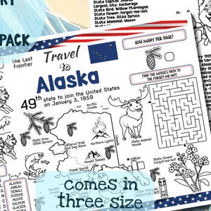 Bundel met werkbladen over de staat Alaska, activiteitenpagina's voor maatschappijleer, printbare materialen over de Amerikaanse geografie, lesmateriaal voor de basisschool.
