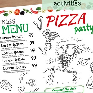 Kindermenü Vorlage für Pizzeria. Pizza-Party-Tätigkeitsblatt. Italienische Pizza