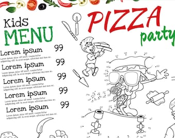 Children's menu template for pizzeria. Pizza party activity sheet. Italian pizza