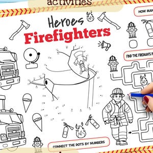 Placemat Heroes Firefighters - Printable Birthday Coloring Page. Activity sheet. Fire safety worksheet