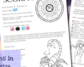 Scorpio Coloring Page & Mythology | Scorpio Sign Printable Adult Activity | Horoscope Gift Art Therapy Digital Download