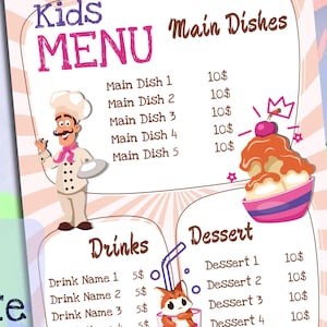 Plantilla de menú infantil imprimible. Menú para fiesta de cumpleaños. Menú de restaurante. Menú para almuerzo, cena, postre y bebidas.
