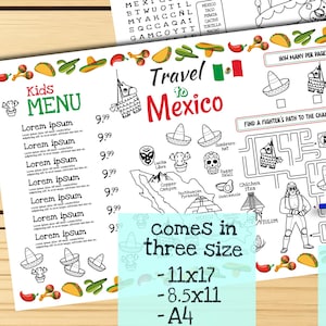 Zweiseitige mexikanische Kinderkarte. Mexikanisches Restaurant-Menü mit Mexiko Karte und Sehenswürdigkeiten. Arbeitsblatt für Kinder
