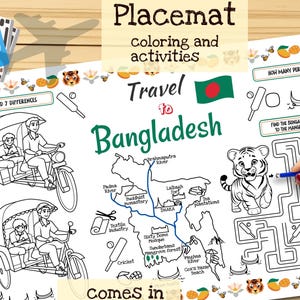 Tischset *+Reise nach Bangladesch+*. Druckbare Malvorlage für Kinder. Reise Erinnerungsbogen. Kinder-Speisekarte für das Restaurant. Lernmittel und Spielzeug