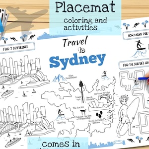 Tischset Reise nach Sydney. Druckbare Malvorlage für Kinder. Reise Erinnerungsbogen. Kinder-Speisekarte für das Restaurant. Lernmittel und Spielzeug