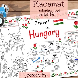 Tischset Reise nach Ungarn. Druckbare Malvorlage für Kinder. Reise Erinnerungsbogen. Kinder-Speisekarte für das Restaurant. Lernmittel und Spielzeug
