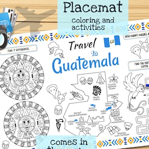 Tischset Reise nach Guatemala. Druckbare Malvorlage für Kinder. Reise Erinnerungsbogen. Kinder-Speisekarte für das Restaurant. Lernmittel und Spielzeug