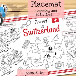 Tischset *+Reise in die Schweiz+*. Druckbare Malvorlage für Kinder. Reise Erinnerungsbogen. Kinder-Speisekarte für das Restaurant. Lernmittel und Spielzeug