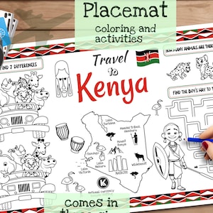 Tischset Reise nach Kenia. Druckbare Malvorlage für Kinder. Reise Erinnerungsbogen. Kinder-Speisekarte für das Restaurant. Lernmittel und Spielzeug