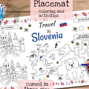 Tischset *+Reise nach Slowenien+*. Druckbare Malvorlage für Kinder. Reise Erinnerungsbogen. Kinder-Speisekarte für das Restaurant. Lernmittel und Spielzeug