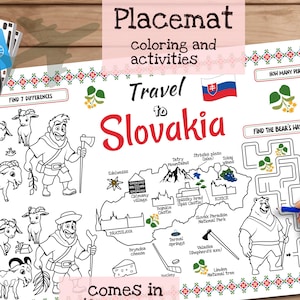 Tischset Reise in die Slowakei. Druckbare Malvorlage für Kinder. Reise Erinnerungsbogen. Kinder-Speisekarte für das Restaurant. Lernmittel und Spielzeug