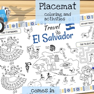 Tischset 'Reise nach El Salvador'. Druckbare Malvorlage für Kinder. Reise Erinnerungsbogen. Kinder-Speisekarte für das Restaurant. Lernmittel und Spielzeug