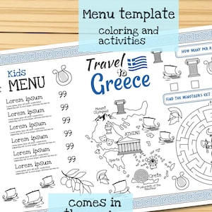 Griechenland Menüvorlage für Kinder. Griechische Restaurantkarte mit einer Landkarte von Griechenland und Sehenswürdigkeiten. Arbeitsblatt für Kinder
