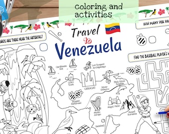 Placemat Travel to Venezuela. Printable Coloring Page for Kids. Travel Activity Sheet. Kids Menu for Restaurant. Educational materials