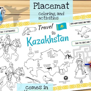 Tischset Reise nach Kasachstan. Druckbare Malvorlage für Kinder. Reise Erinnerungsbogen. Kinder-Speisekarte für das Restaurant. Lernmittel und Spielzeug