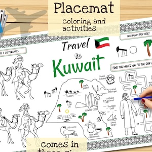 Tischset Reise nach Kuwait. Druckbare Malvorlage für Kinder. Reise Erinnerungsbogen. Kinder-Speisekarte für das Restaurant. Lernmittel und Spielzeug