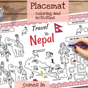 Tischset *+Reise nach Nepal+*. Druckbare Malvorlage für Kinder. Reise Erinnerungsbogen. Kinder-Speisekarte für das Restaurant. Lernmittel und Spielzeug