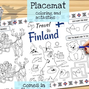 Tischset Die Reise nach Finnland. Druckbare Malvorlage für Kinder. Reise Erinnerungsbogen. Lernmittel und Spielzeug