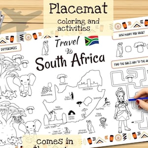 Tischset Weltreise nach Südafrika. Druckbare Malvorlage für Kinder. Reise Erinnerungsbogen. Kinder-Speisekarte für das Restaurant. Lernmittel und Spielzeug